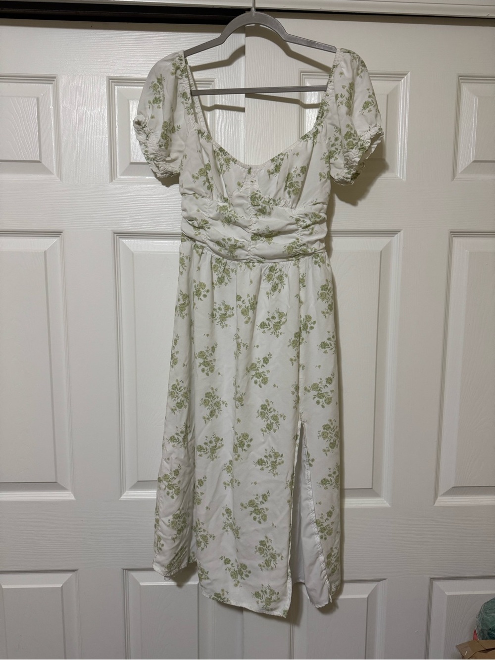 Hollister White Midi Dress with Sage Floral Pattern and Puff Sleeves